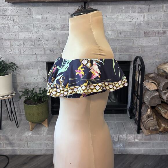 Trina Turk Off Shoulder Bandeau Bikini Top Size 4 Ruffle Swimsuit Fiji Tropical - Picture 3 of 7